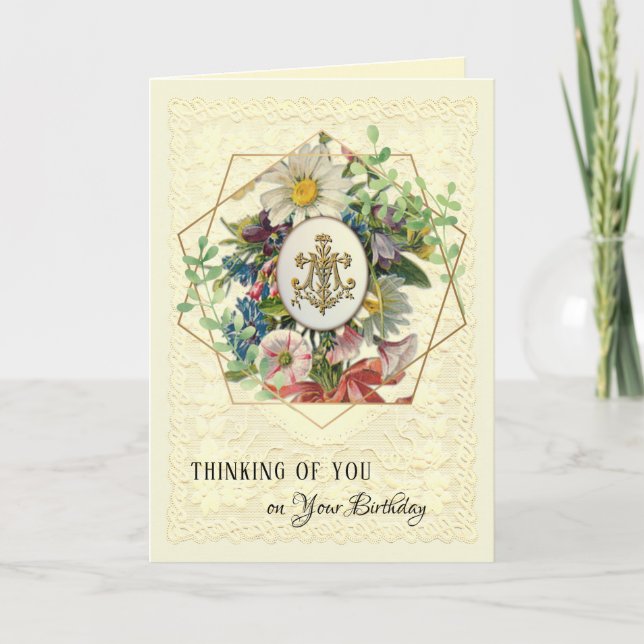 Religious Virgin Marian Cross Floral Birthday Holiday Card (Front)