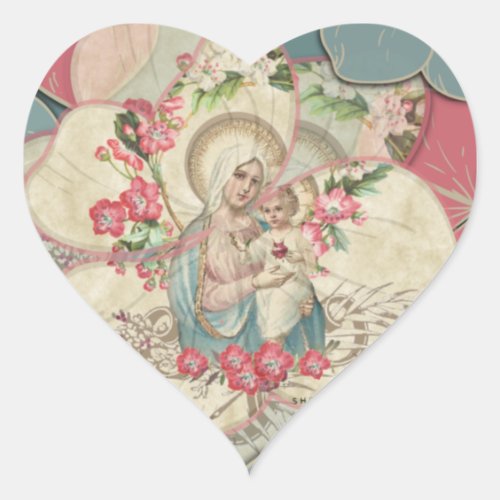 Religious Virgin Mary Baby Jesus Floral Petals Heart Sticker