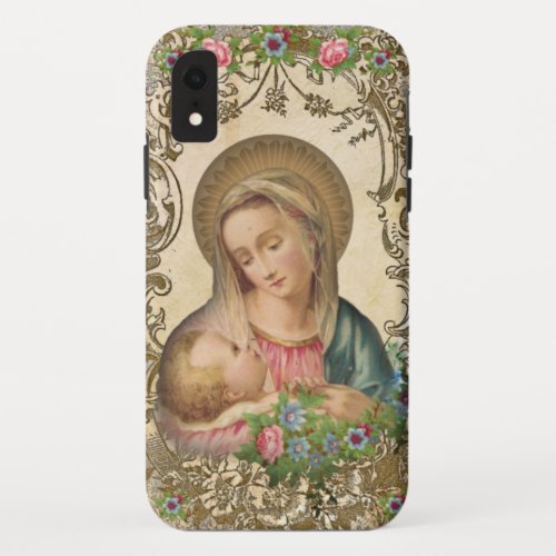 Religious Virgin Mary Baby Jesus Vintage Floral iPhone XR Case