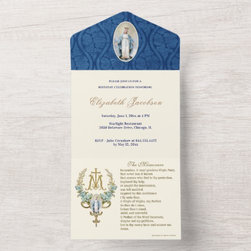 Religious Virgin Mary Blue Floral Birthday Vintage All In One Invitation