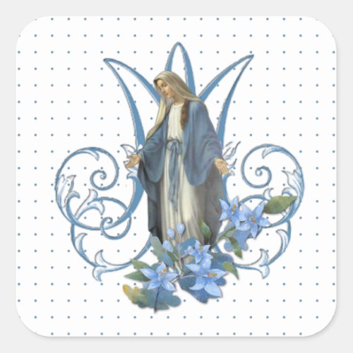 Religious Virgin Mary Catholic Vintage Blue Floral Square Sticker