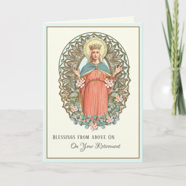 Religious Virgin Mary Eucalyptus Flower Retirement Holiday Card (Front)