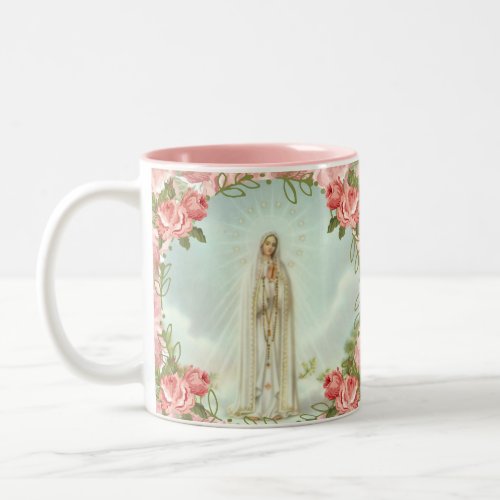 Religious Virgin Mary Fatima Pink Vintage Roses  Two_Tone Coffee Mug