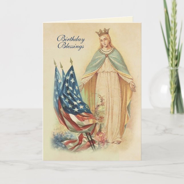 Religious Virgin Mary Flag Birthday Prayer Card (Front)