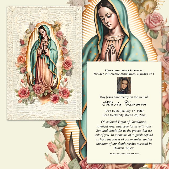 Religious Virgin Mary  Funeral Guadalupe Place Card (Our Lady of Guadalupe Funeral Memorial Prayer Cards)