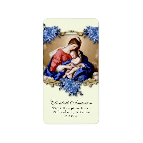 Religious Virgin Mary Jesus Blue Flowers Label