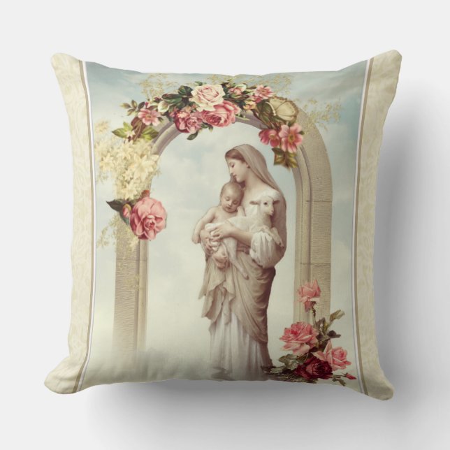 Religious Virgin Mary Jesus Catholic Roses Throw Pillow (Front)