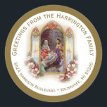 Religious Virgin Mary Jesus Christmas Nativity Classic Round Sticker<br><div class="desc">A beautiful vintage traditional Catholic image of the Nativity,  the  Blessed Virgin Mary with St. Joseph and the Baby Jesus with angels in adoration. All text and fonts can  be modified.</div>