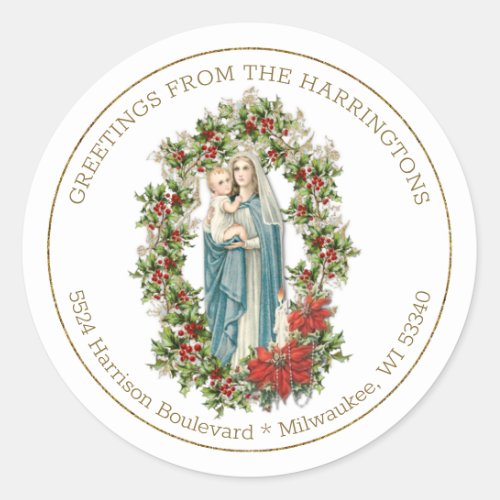 Religious Virgin Mary Jesus Christmas Poinsettias Classic Round Sticker