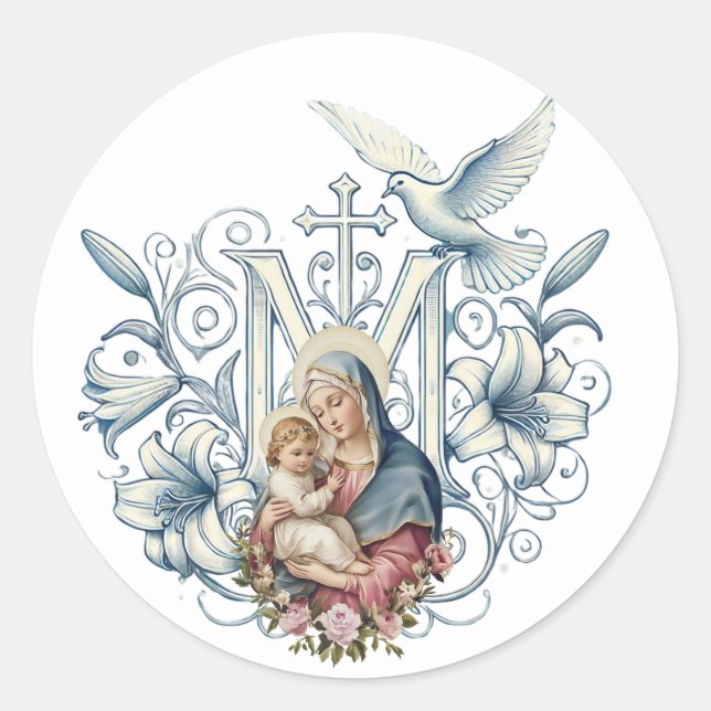 Religious Virgin Mary Jesus Marian Cross Classic Round Sticker (Front)