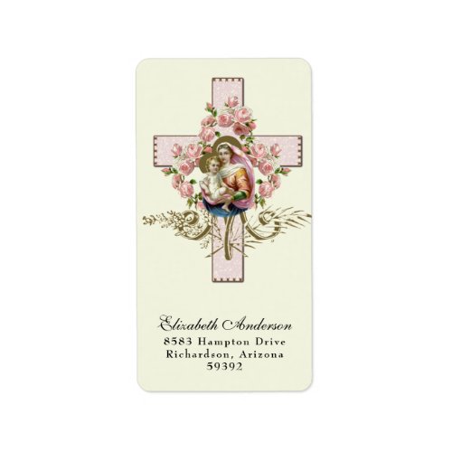 Religious Virgin Mary Jesus pink roses cross Label