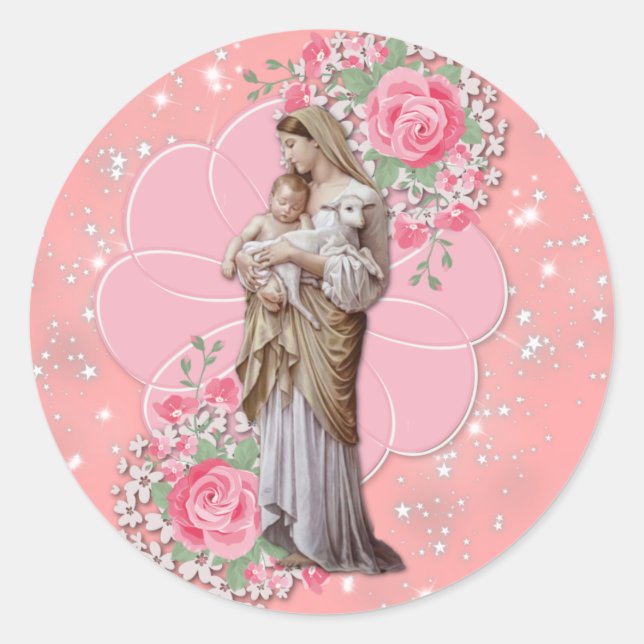 Religious Virgin Mary Jesus Pink Roses Stars Classic Round Sticker (Front)