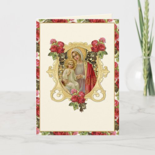 Religious Virgin Mary  Jesus Red Floral Catholic Card