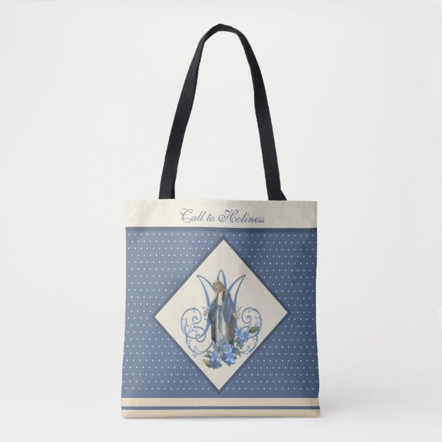 Religious Virgin Mary Marian Blue Flowers Tote Bag (Front)