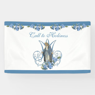 Religious Virgin Mary Marian Cross Blue Flowers  Banner