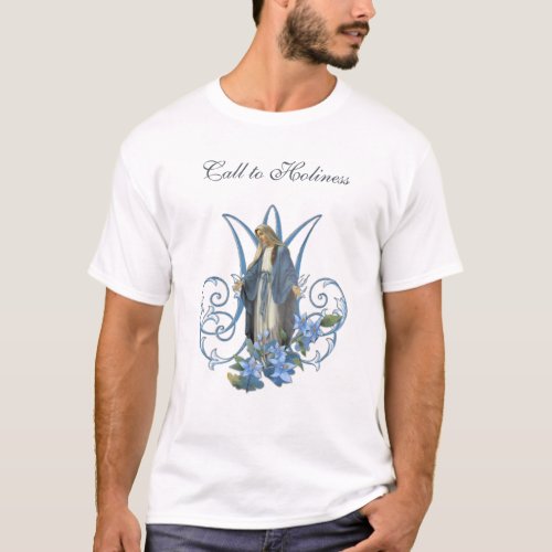 Religious Virgin Mary Marian Cross Blue Flowers  T_Shirt