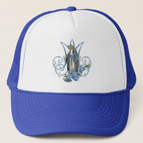 Religious Virgin Mary Marian Cross Blue Flowers   Trucker Hat