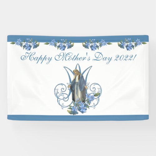 Religious Virgin Mary Mothers Day Blue Flowers Banner