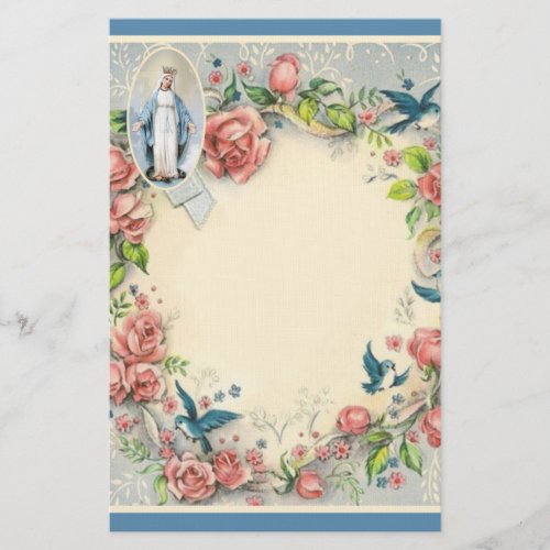 Religious Virgin Mary Pink Roses Blue Birds Stationery