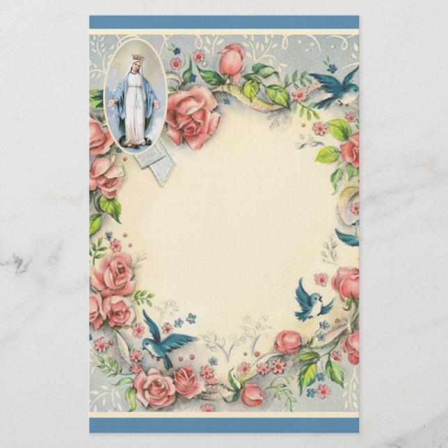 Religious Virgin Mary Pink Roses Blue Birds Stationery (Front)