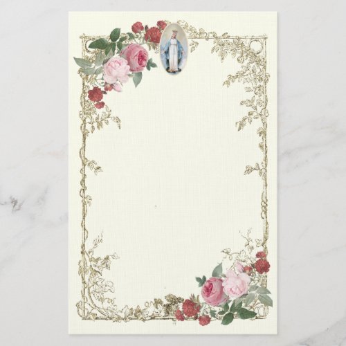Religious Virgin Mary Pink Roses Vintage Flowers Stationery