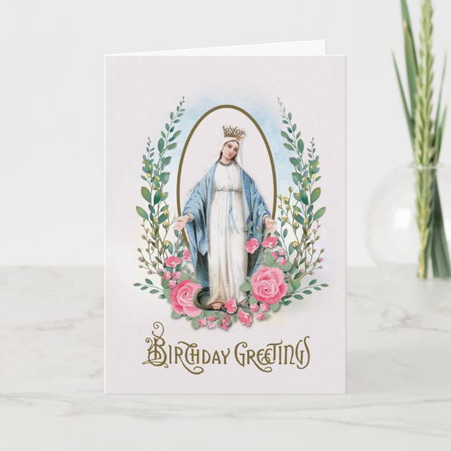 Religious Virgin Mary Roses Catholic Birthday Card (Front)