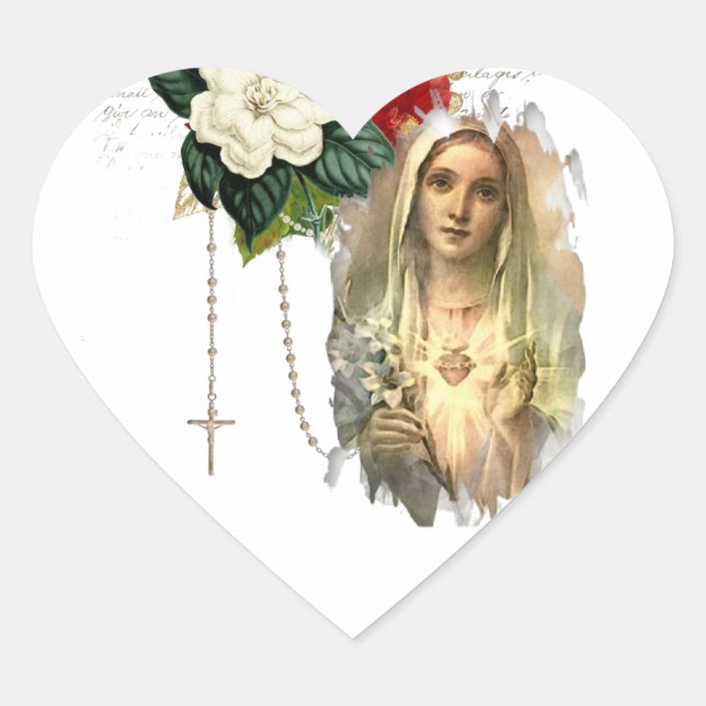 Religious Virgin Mary Roses Elegant Vintage  Heart Sticker (Front)