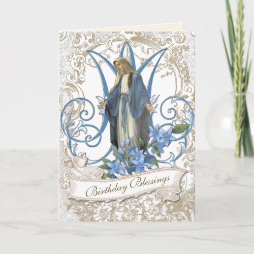 Religious Virgin Mary Vintage Blue Flowers Card