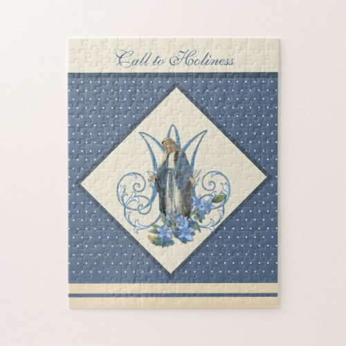Religious Virgin Mary Vintage Blues Floral Marian Jigsaw Puzzle
