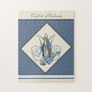 Religious Virgin Mary Vintage Blues Floral Marian Jigsaw Puzzle
