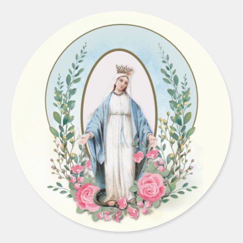 Religious Virgin Mary Vintage Pink Roses Catholic  Classic Round Sticker