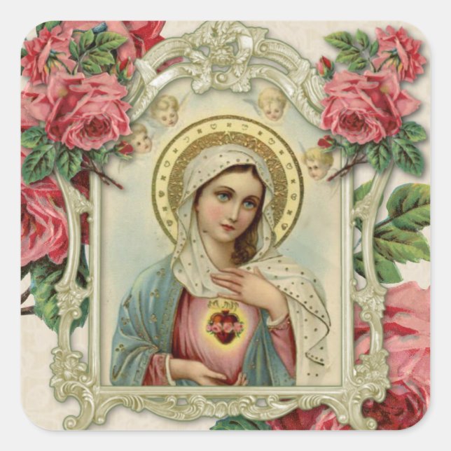 Religious Virgin Mary Vintage Roses Prayer   Square Sticker (Front)
