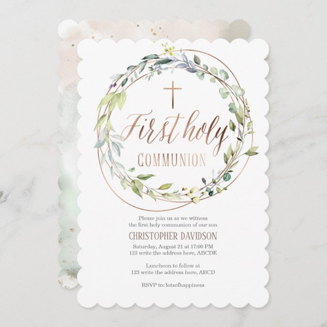 Religious, Watercolor, Cross, First holy communion Invitation (Front/Back)