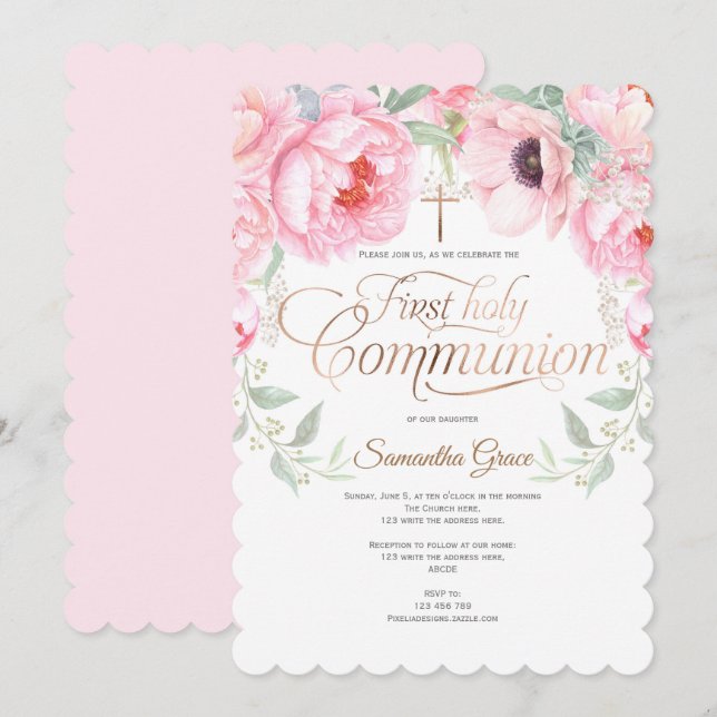 Religious,Watercolor Flowers, First communion Invitation (Front/Back)