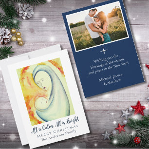 Religious Watercolor Madonna & Child Family Photo Holiday Card
