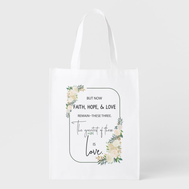 Religious Wedding Anniversary Faith Hope Love Grocery Bag (Front)