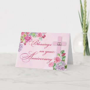 Religious Wedding Anniversary Rings Pink Cross Card