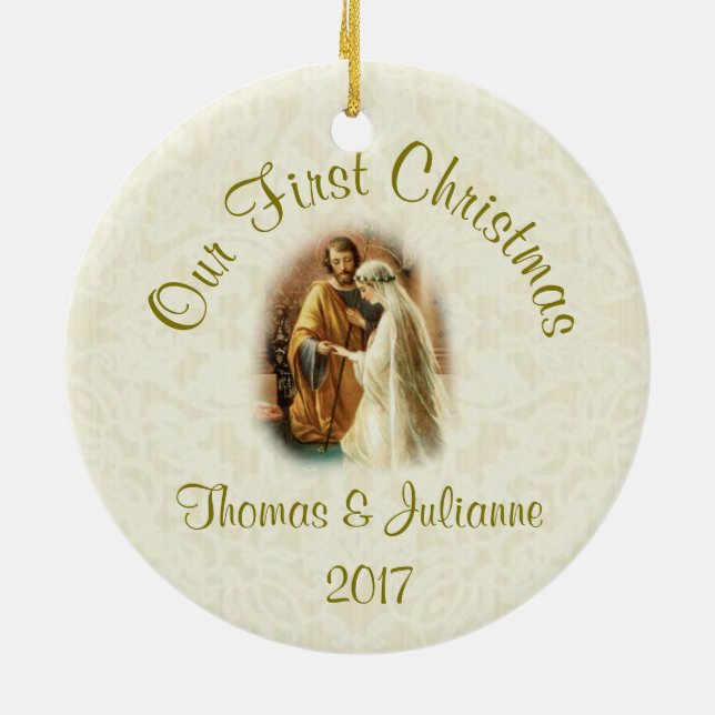Religious Wedding First Christmas Catholic Ceramic Ornament (Back)