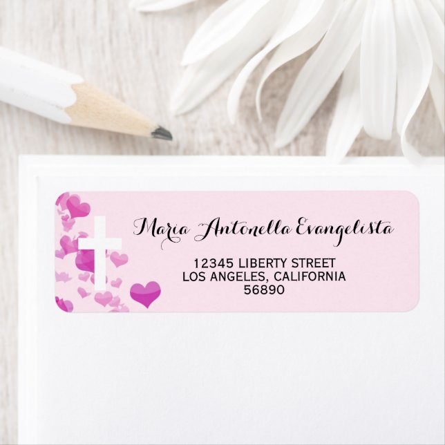 Religious White Cross Pink Hearts Elegant Mailing Label (Insitu)