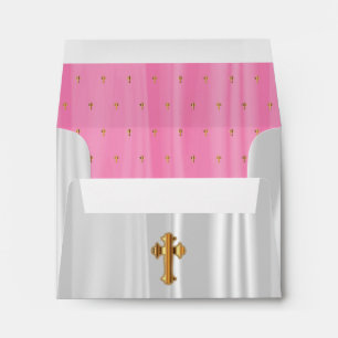 Religious White & Pink Satin with Gold Crosses Envelope