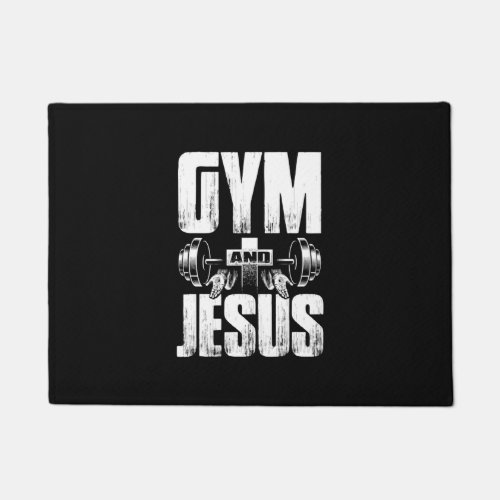 Religious Workout Gym  Jesus Lifting Weights Cros Doormat