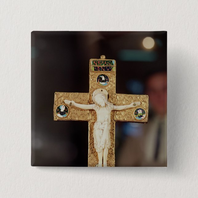 Reliquary crucifix, ivory Christ on gold cross Button (Front)