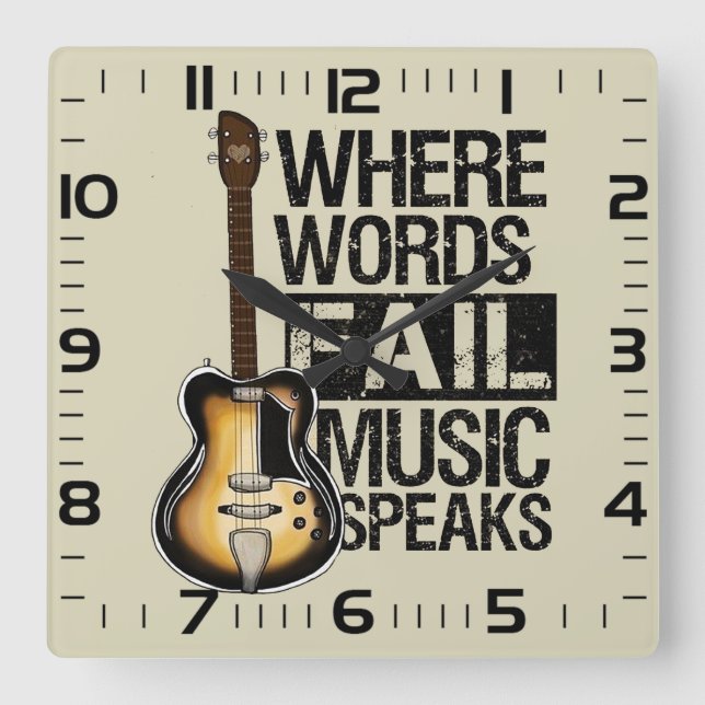 Relógio de parede "Where Words fail music speaks" Square Wall Clock (Front)