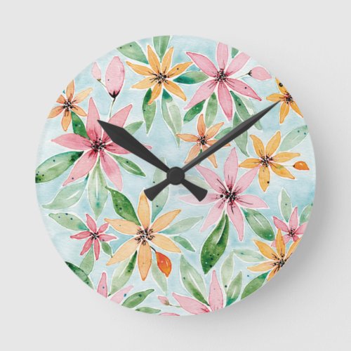 Reloj de pared flores tonos pastel acuarela round clock