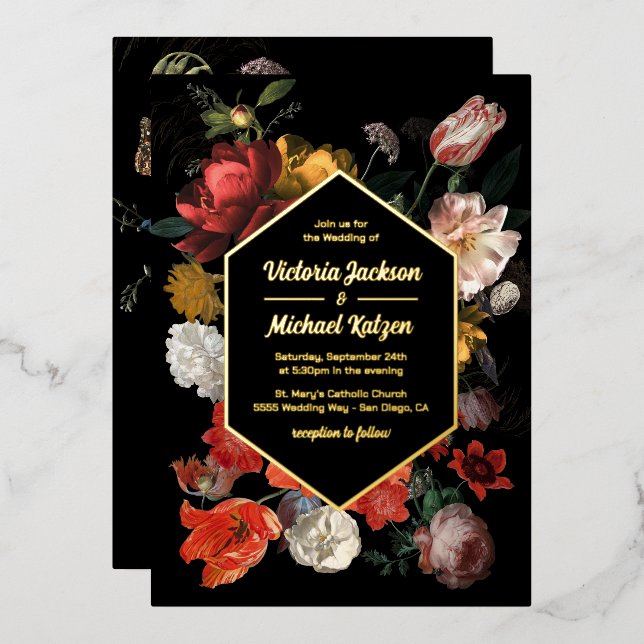 Rembrandt Dark and Moody Floral Foil Invitation (Front/Back)