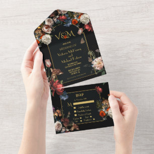 Rembrandt Dark & Moody Floral Wedding Initials Al All In One Invitation