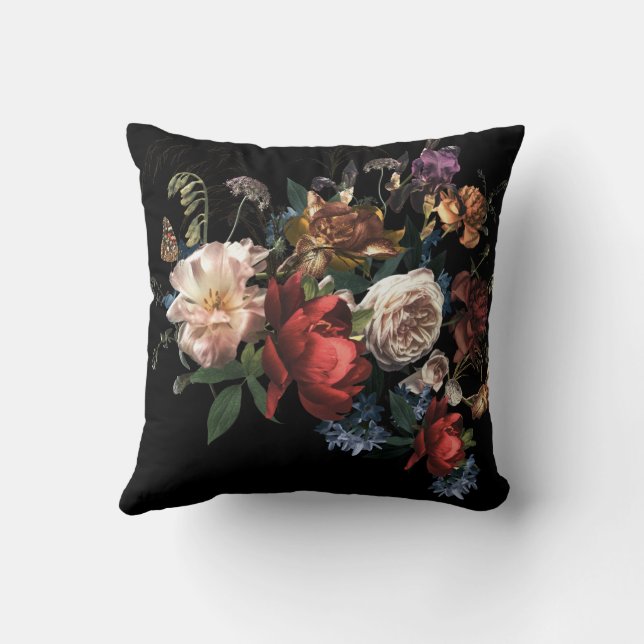 Rembrandt floral dark and moody throw pillow (Back)