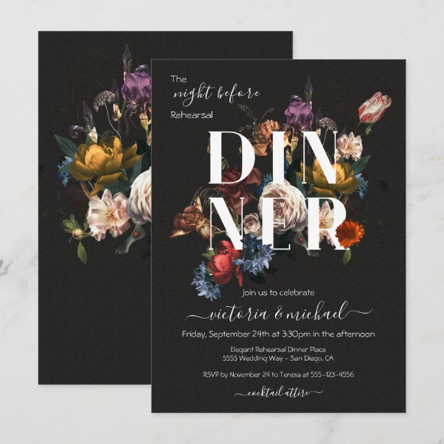 Rembrandt Floral Dark & Moody Rehearsal Dinner Invitation (Front/Back)
