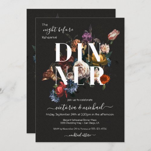 Rembrandt Floral Dark  Moody Rehearsal Dinner Invitation