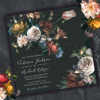 Rembrandt Floral Dark & Moody Square Wedding Invitation by McBooboo at Zazzle